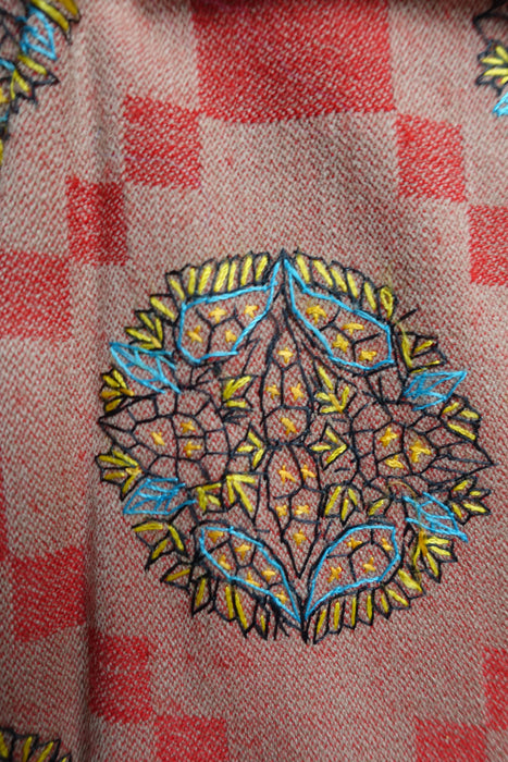 Beige & Red Vintage Wool Embroidered Shawl - New