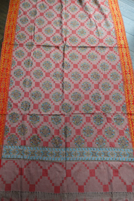 Beige & Red Vintage Wool Embroidered Shawl - New