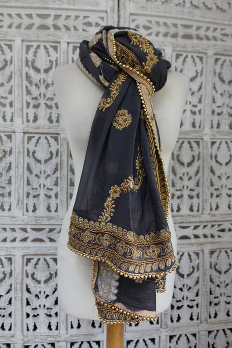 Charcoal Grey Embellished Dupatta - New