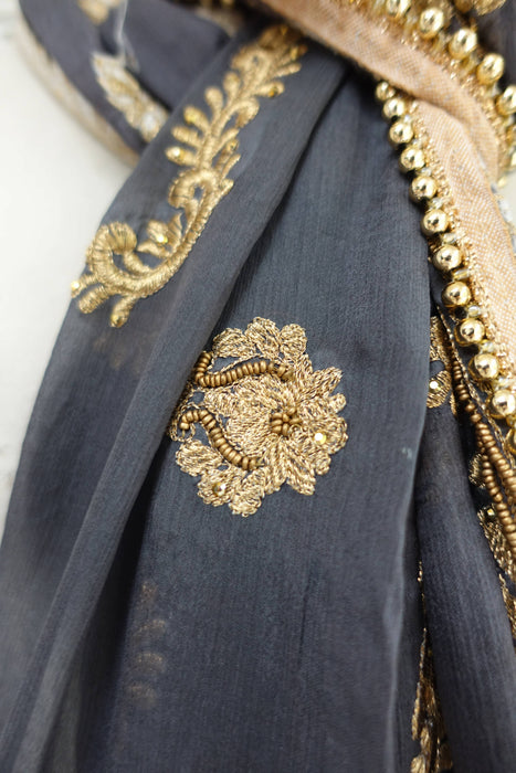 Charcoal Grey Embellished Dupatta - New