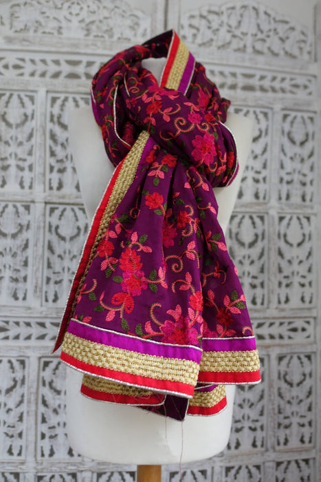 Purple Floral Embroidered Large Dupatta - New