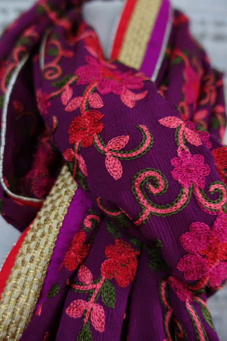 Purple Floral Embroidered Large Dupatta - New