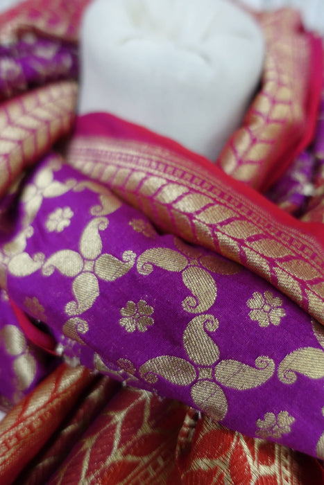 Purple And Red Banarsi Style Fringe Shawl - New