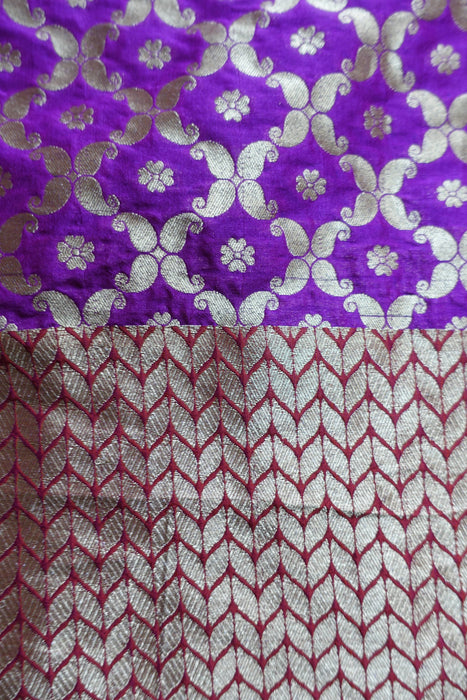 Purple And Red Banarsi Style Fringe Shawl - New