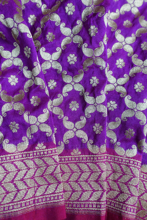Purple And Red Banarsi Style Fringe Shawl - New
