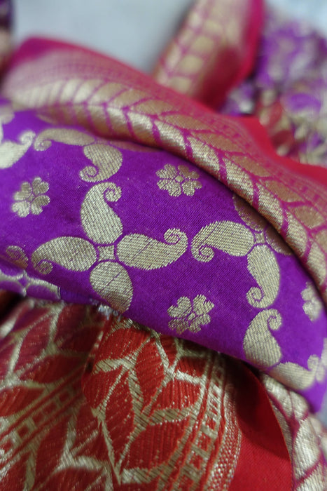 Purple And Red Banarsi Style Fringe Shawl - New