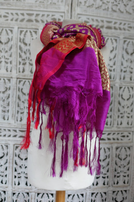 Purple And Red Banarsi Style Fringe Shawl - New