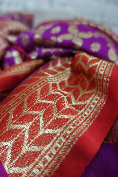 Purple And Red Banarsi Style Fringe Shawl - New