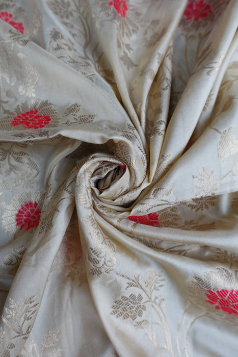 Cream & Red Silk Banarsi Shawl - New