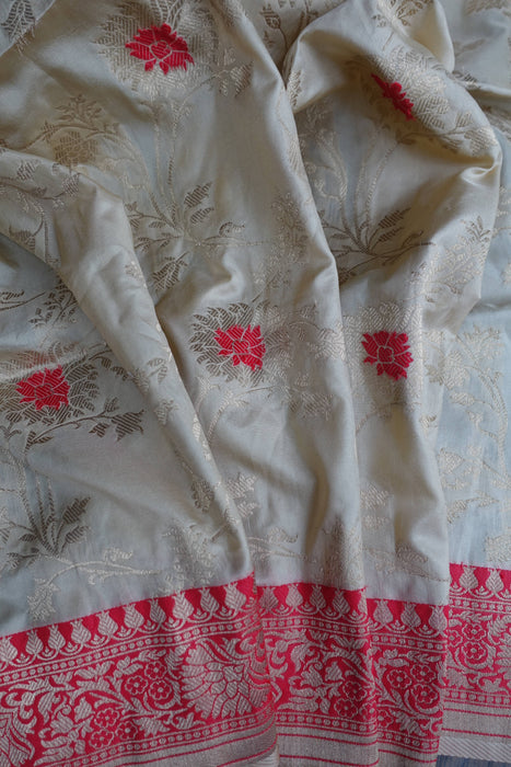 Cream & Red Silk Banarsi Shawl - New