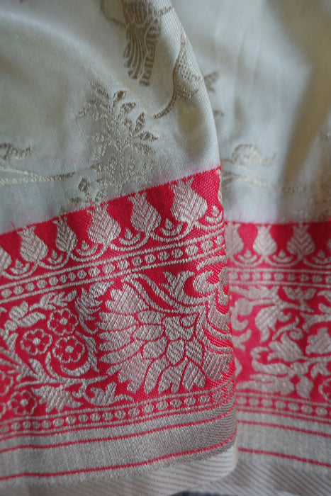 Cream & Red Silk Banarsi Shawl - New