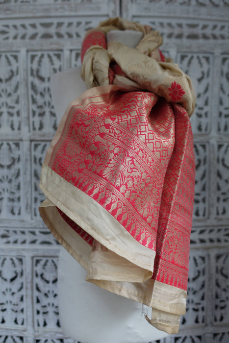 Cream & Red Silk Banarsi Shawl - New