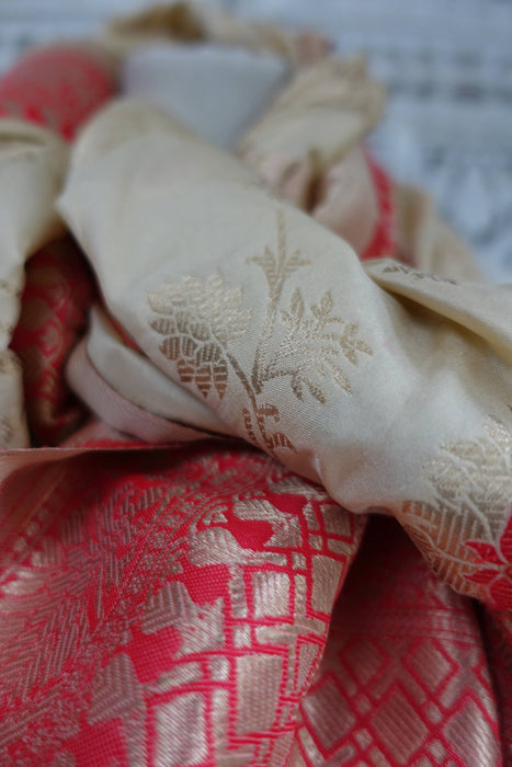 Cream & Red Silk Banarsi Shawl - New
