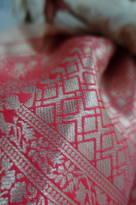 Cream & Red Silk Banarsi Shawl - New