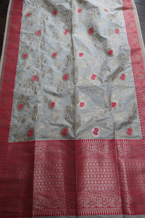 Cream & Red Silk Banarsi Shawl - New