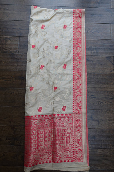 Cream & Red Silk Banarsi Shawl - New