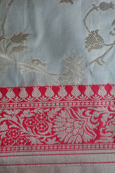 Cream & Red Silk Banarsi Shawl - New