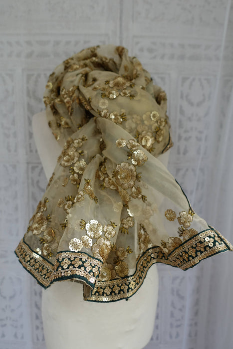 Off Cream Organza With Green Trim - New