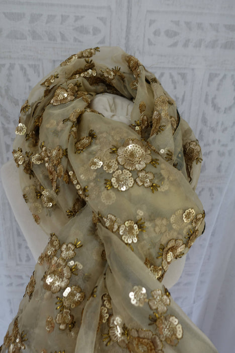 Off Cream Organza With Green Trim - New