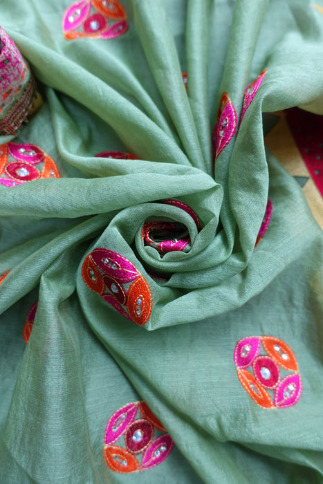 Green Cotton Embroidered Dupatta - New