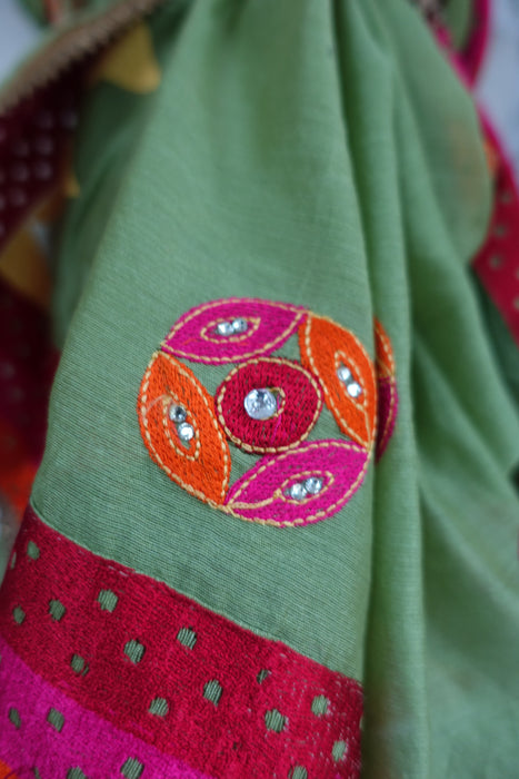 Green Cotton Embroidered Dupatta - New