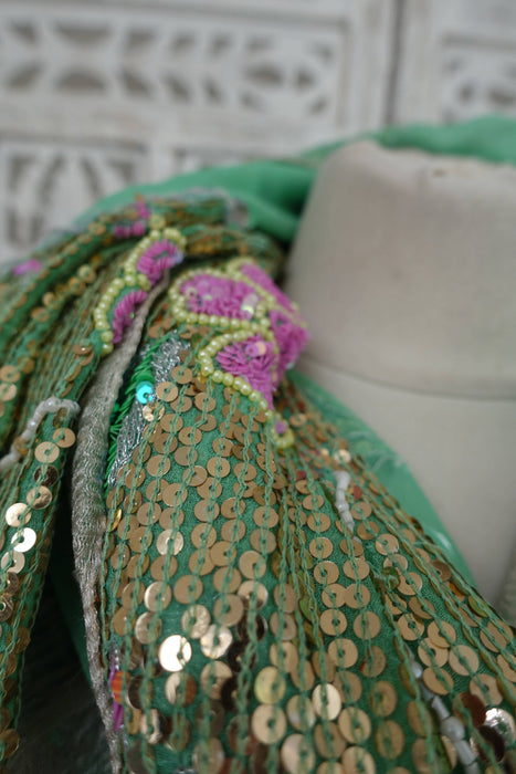 Green Silk Chiffon Sequinned Dupatta - Preloved