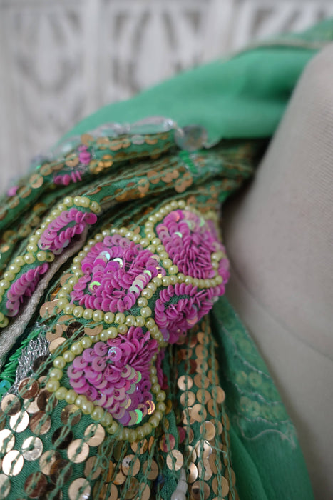 Green Silk Chiffon Sequinned Dupatta - Preloved