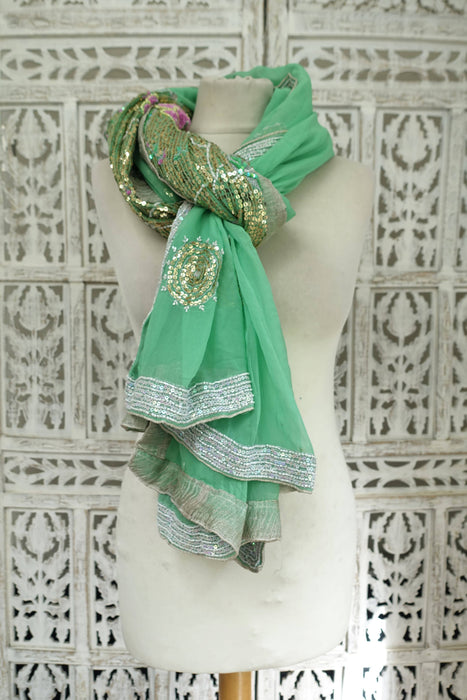 Green Silk Chiffon Sequinned Dupatta - Preloved