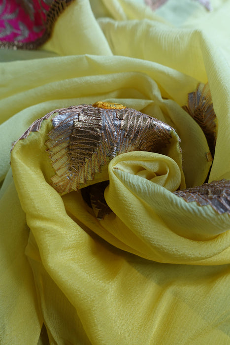 Yellow With Pink Embroidered Gota Trim - Preloved