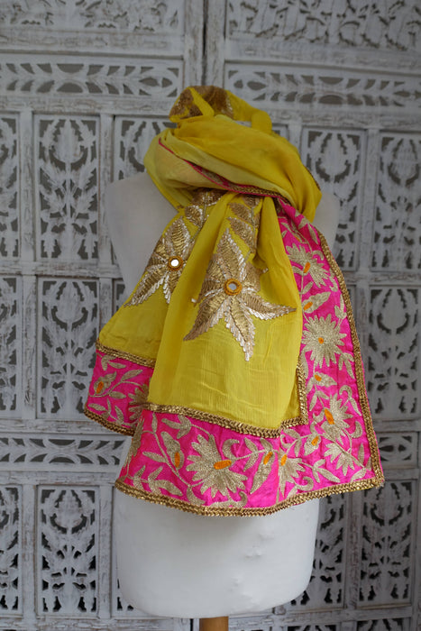 Yellow With Pink Embroidered Gota Trim - Preloved