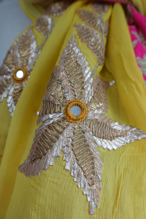 Yellow With Pink Embroidered Gota Trim - Preloved