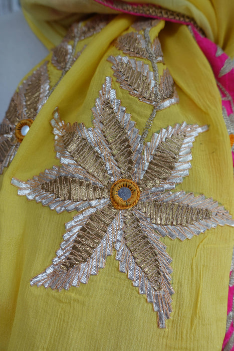 Yellow With Pink Embroidered Gota Trim - Preloved