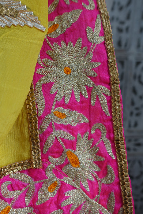 Yellow With Pink Embroidered Gota Trim - Preloved