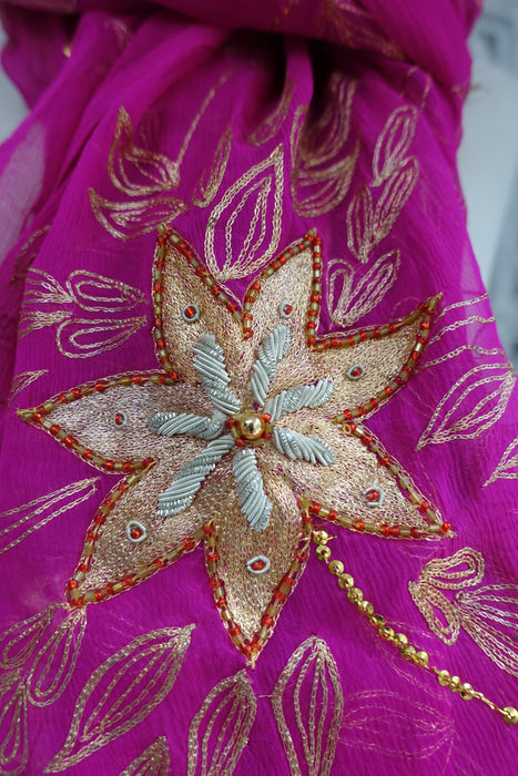 Hot Pink Silk Chiffon Vintage Dupatta - New