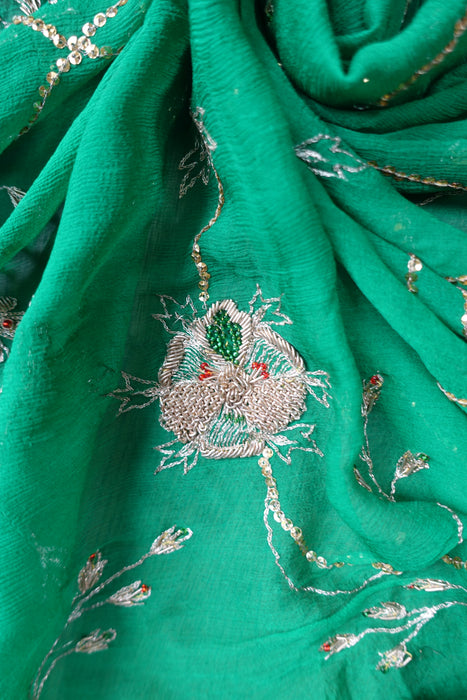 Emerald Green Zardosi Worked Vintage Dupatta - Preloved