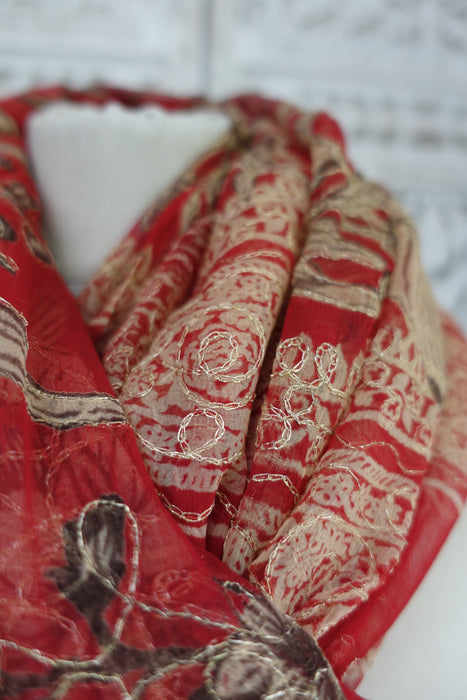 Red Chiffon Embroidered Tilla Vintage Dupatta - New