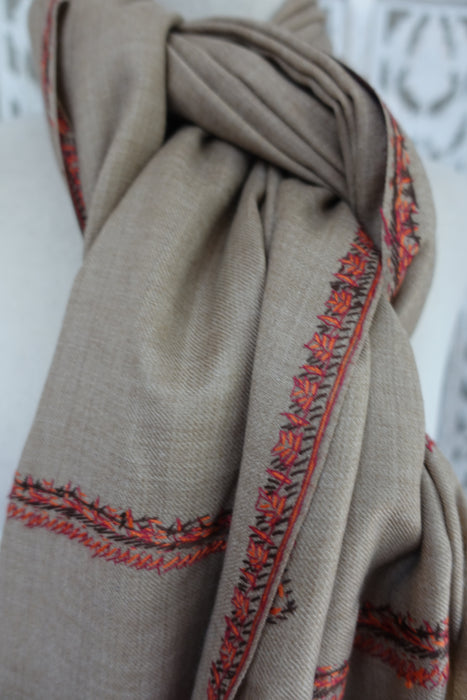 Beige Embroidered Pure Wool Winter Shawl - New