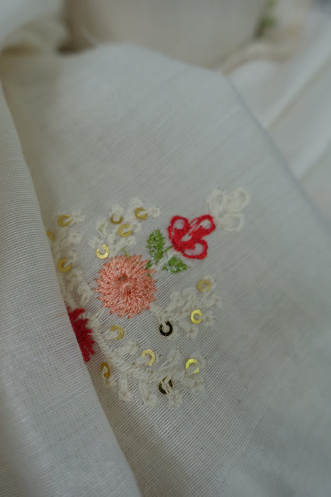Cream Cotton Silk Embroidered Dupatta - New