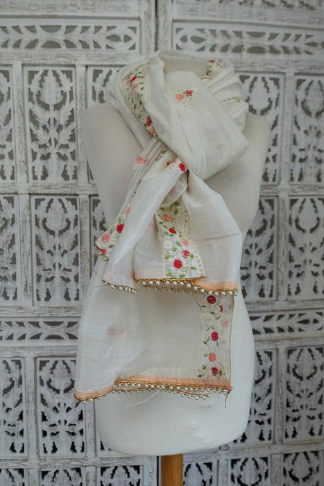Cream Cotton Silk Embroidered Dupatta - New
