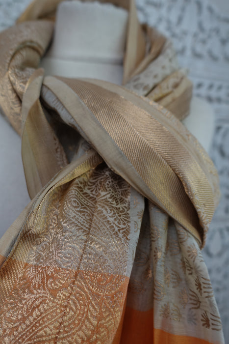 Cream Cotton Silk With Orange Stripe Dupatta - New