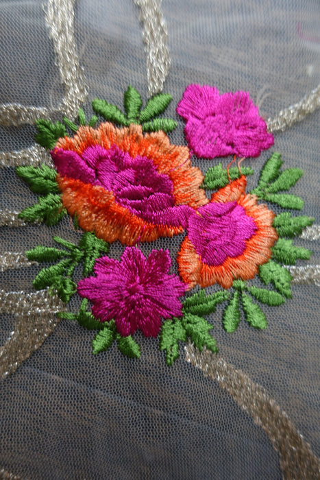 Cream Embroidered Flowers Net Dupatta - New