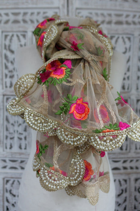 Cream Embroidered Flowers Net Dupatta - New