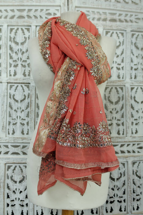 Coral Silk Chiffon Kundan Worked Dupatta - Preloved
