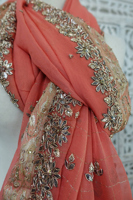 Coral Silk Chiffon Kundan Worked Dupatta - Preloved