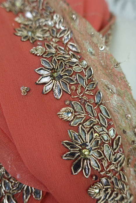 Coral Silk Chiffon Kundan Worked Dupatta - Preloved