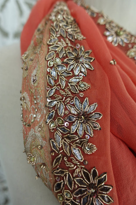 Coral Silk Chiffon Kundan Worked Dupatta - Preloved