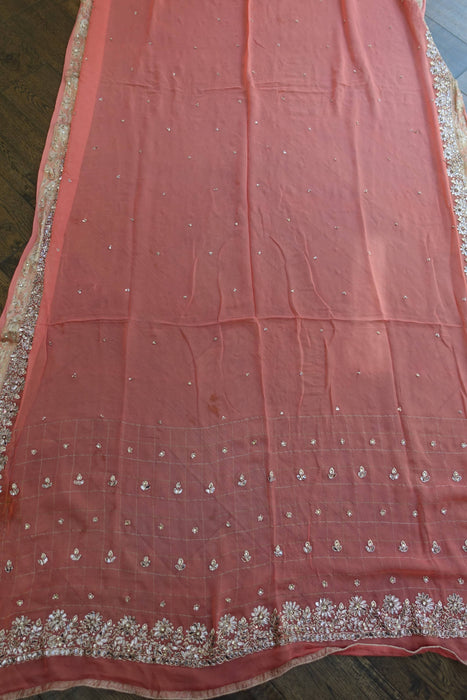 Coral Silk Chiffon Kundan Worked Dupatta - Preloved