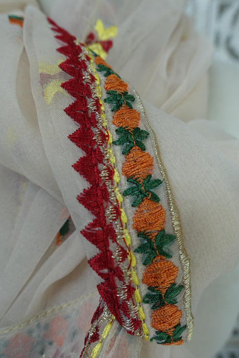 Cream Floral Embroidered Dupatta - Preloved
