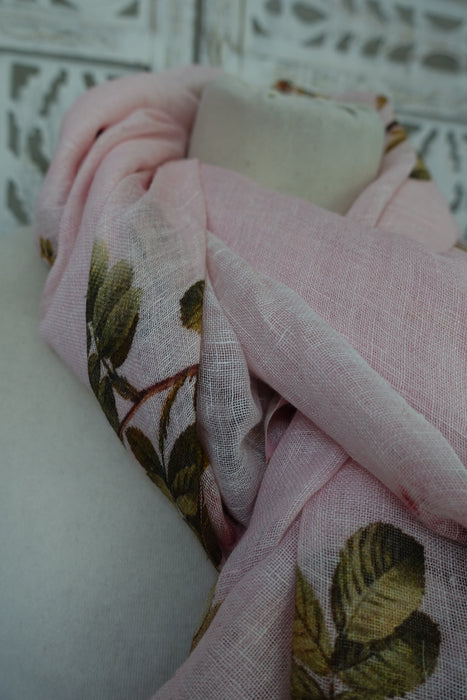 Pink Floral Print Linen Dupatta - New