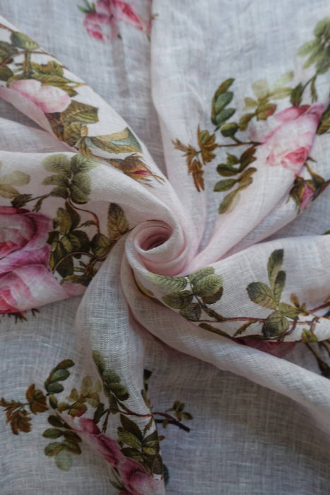 Pink Floral Print Linen Dupatta - New